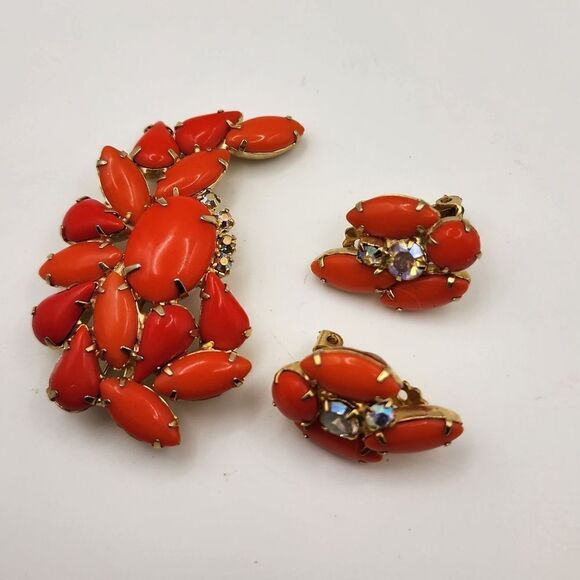 Flower Orange Matching Rhinestone And Bead Vintage Gold Brooch Pin Clip Earrings - Picture 1 of 8